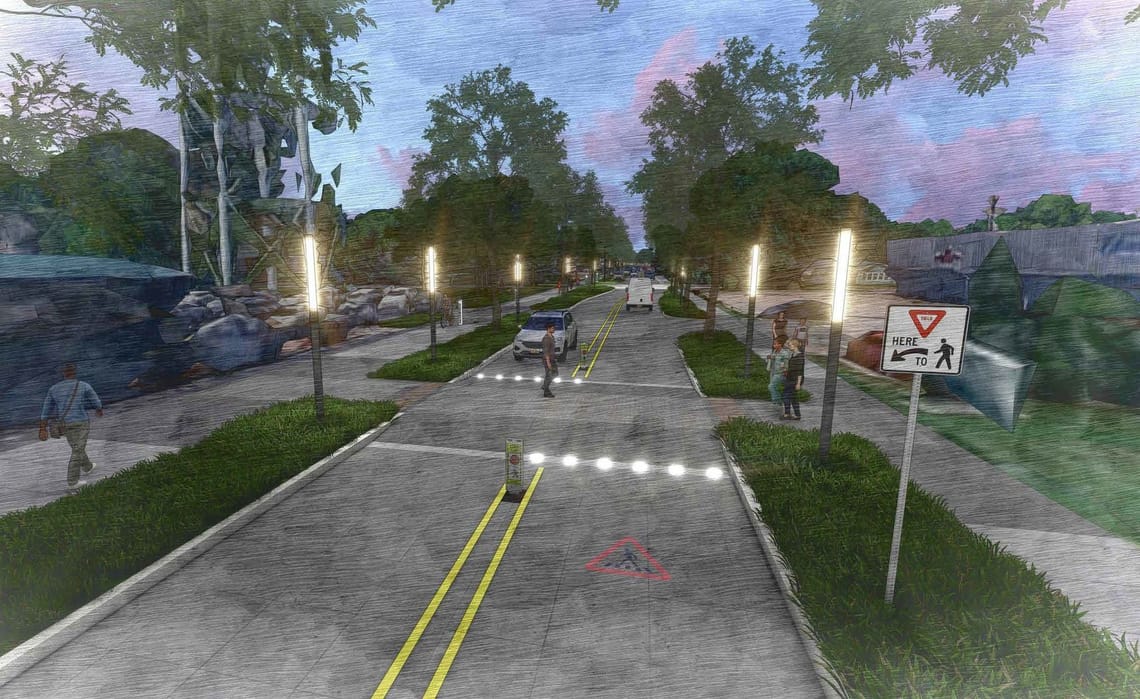 A picture of the Bertrand Drive mid-block crossing at dusk rendering for the Revitalization Project.