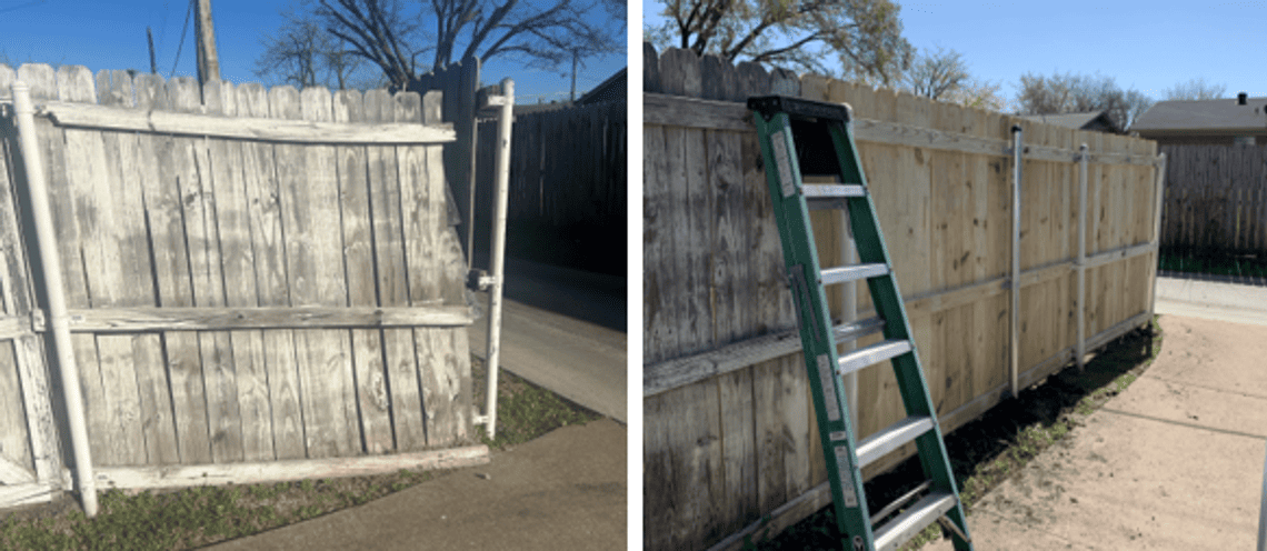 Side-by-side photos showing a dilapidated fence panel with boards loose and the panel leaning, next to the fence with two new panels.