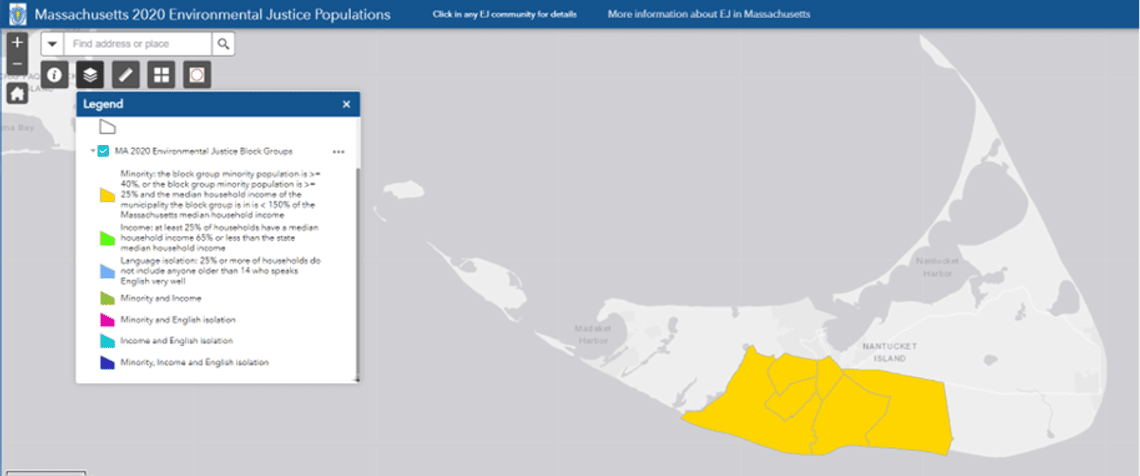 Map of EJ block groups on Nantucket. Source: Massachusetts EJ Map Viewer