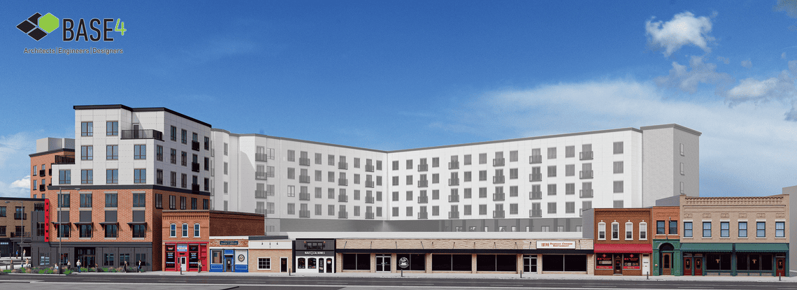 Conceptual rendering Trail East, a large multi-purpose building behind the commercial strip of East Beaufort. 