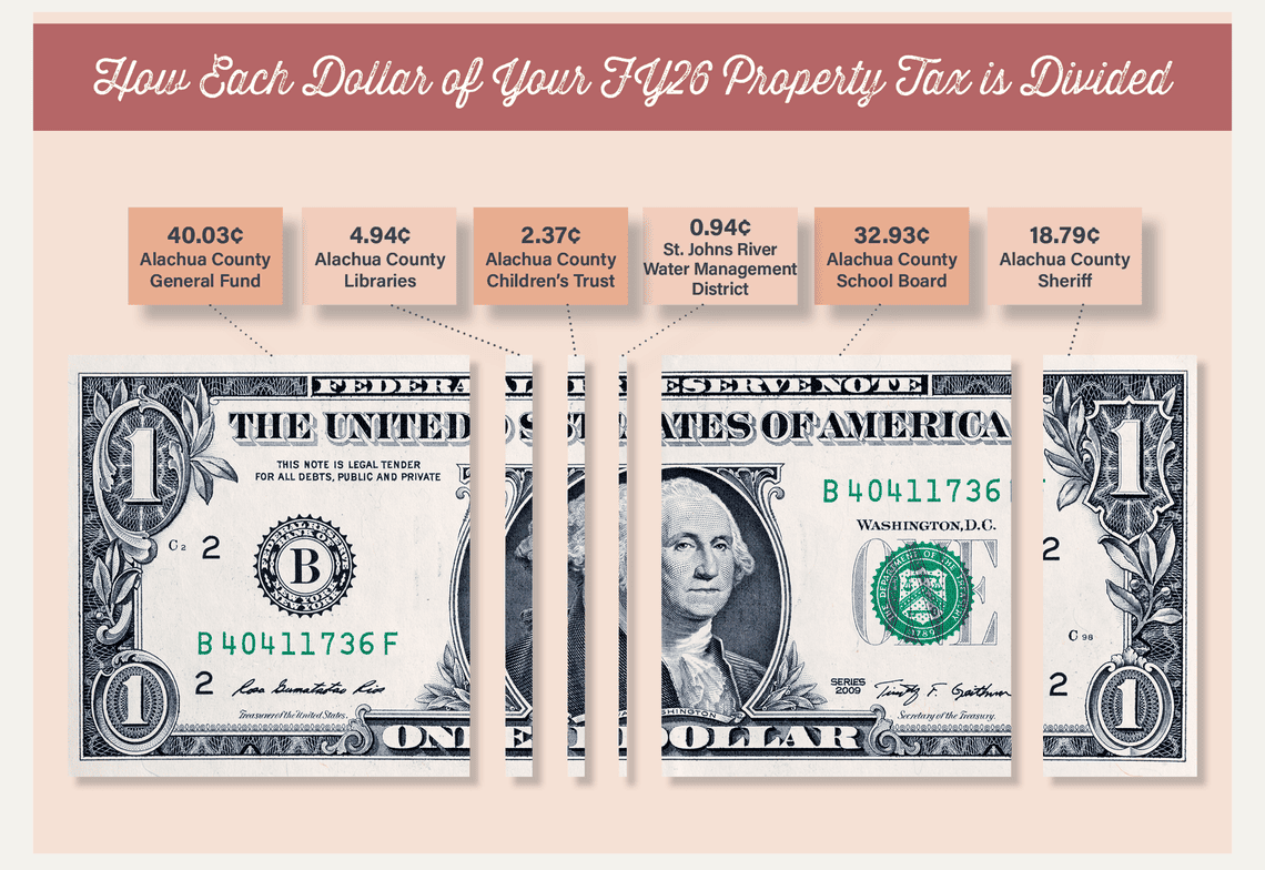 Dollar bill graphic that shows how money tax dollars are divided among county entities.