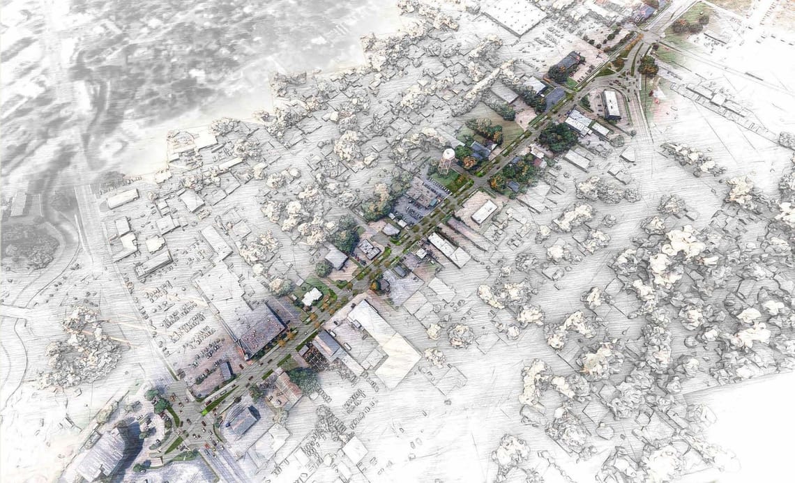 A picture of the Bertrand Drive overall corridor rendering for the Revitalization Project.