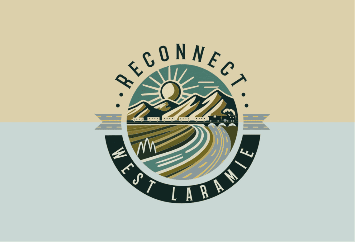 An image of the cover of the Reconnect West Laramie Plan with a logo showing a train, river, and road.