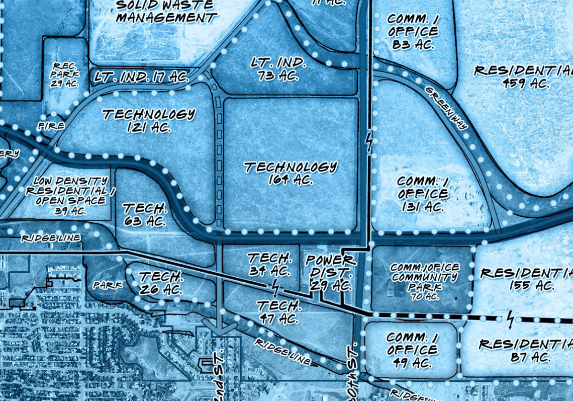 Conceptual land use map showing designated areas for open space, technology, power, communications/community, parks, residential, and other development uses.