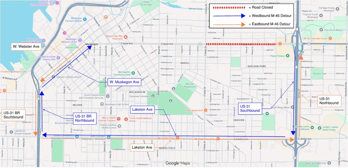 The detour route for westbound M-46 (Apple Ave) traffic will be to use southbound US-31 to westbound Laketon Ave, then northbound on US-31 BR (Seaway Dr) to W. Muskegon Ave. Eastbound M-46 traffic should take Webster Ave to US-31 BR (Seaway Dr), then eastbound on Laketon Ave to Northbound US-31