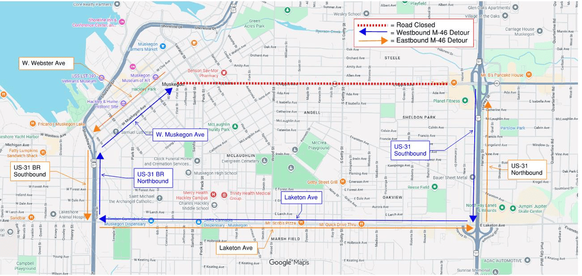 Detour map showing current detour for eastbound and westbound M-46 is to use Laketon Ave