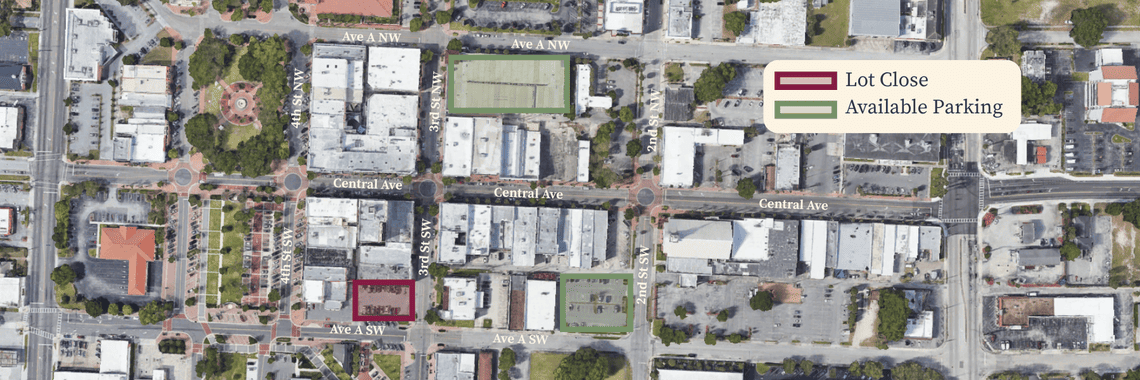 Map showing the impacted parking lot and two nearby available, free, public parking lots. 