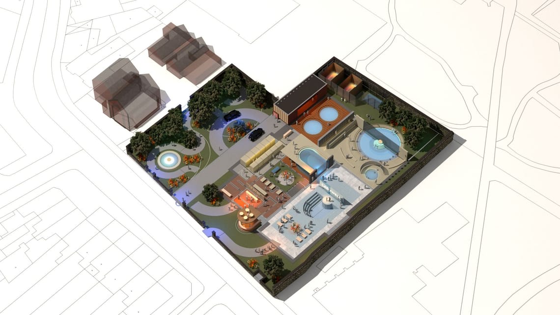 A computer generated visualisation of the building from above, showing a crossection of its uses, at nightime.
