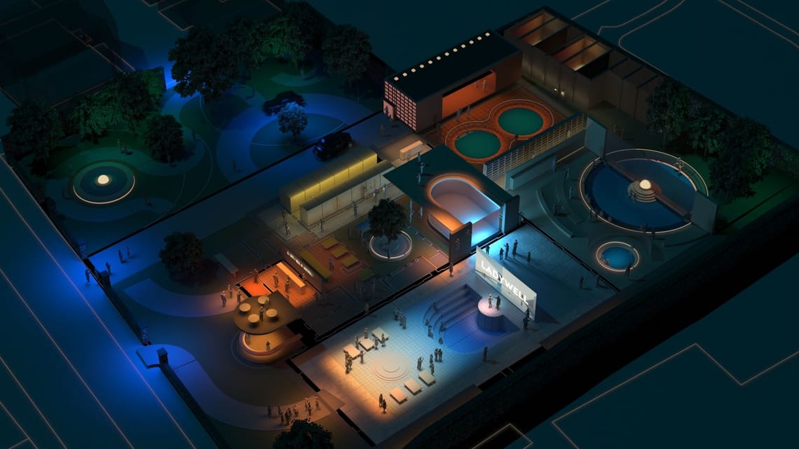 A computer generated visualisation of the building from above, showing a crossection of its uses, at nightime.
