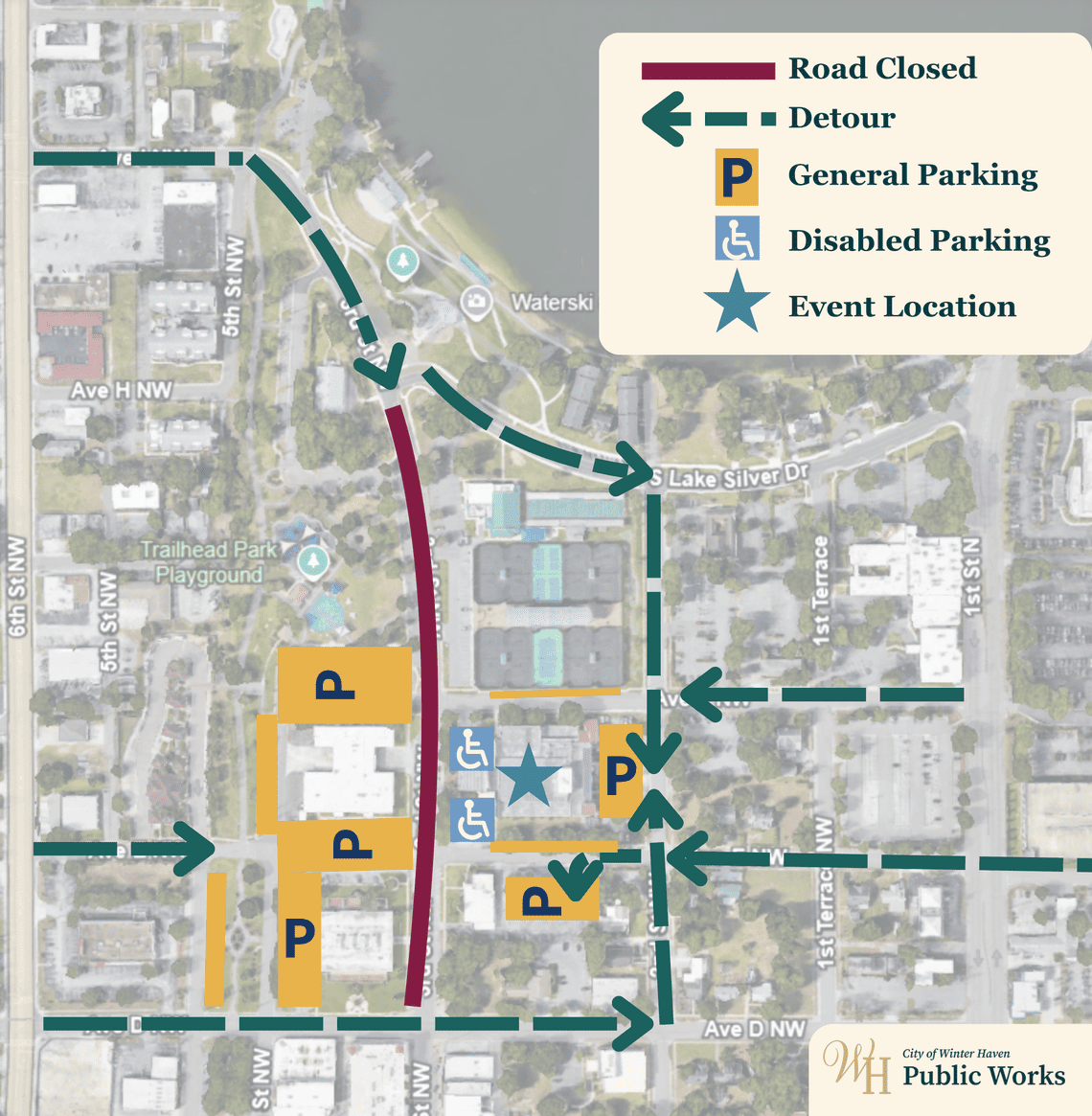 Map showing the event location, road closure, detour routes, and parking availability.