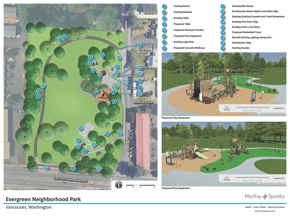 Aerial rendering of the park showing where the playground, basketball court, lighting and other improvements will be located. Renderings of a nature themed playground.