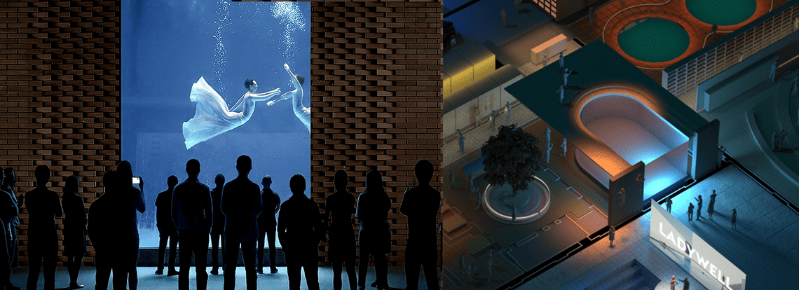 Residents view performers in the diving pool, with a separate image to the right showing the diving pool from above.