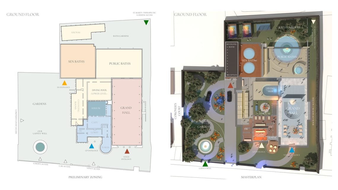 A ground floor plan, with sketched drawings to the left and a CGI visualisation to the right.
