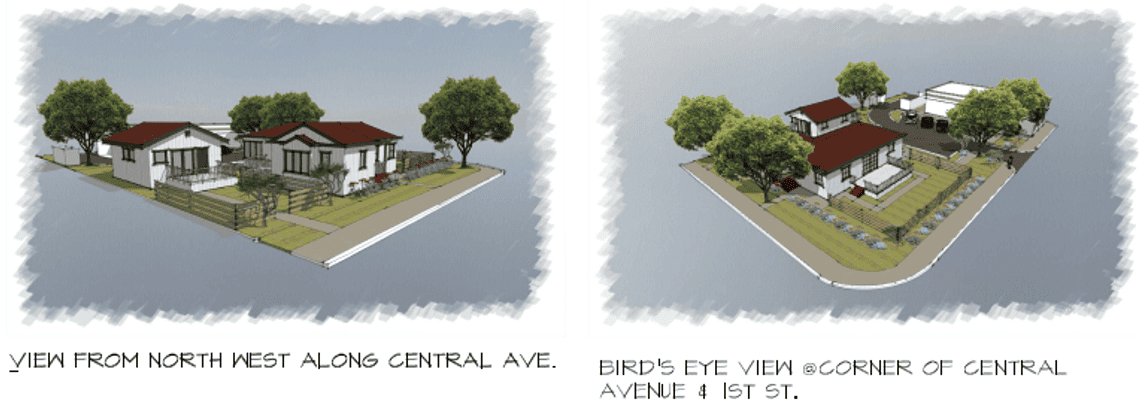 A rendering of a proposed mixed use development consisting of 2 residential units and (1) commercial space w/ parking and landscaping.