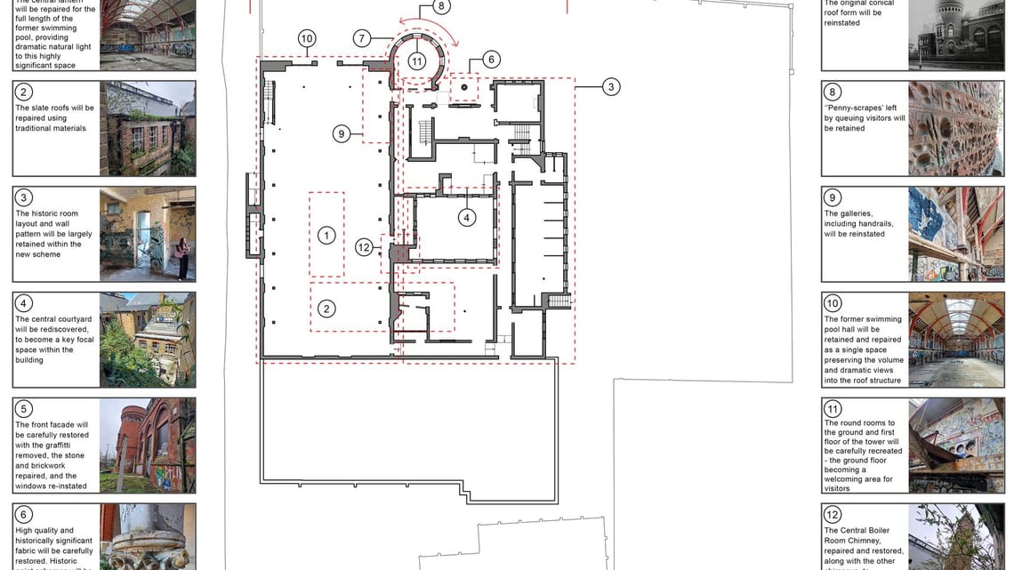Information on working with this historic building. Information includes detail on the reparation of the central lantern above the swimming pool offering natural light, the reparation of the slate roofs and the hitoric room layout and wall pattern being retained, where possible.