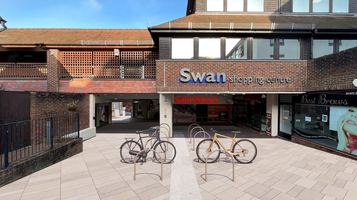 Side entrance of the Swan Centre with bicycle parking