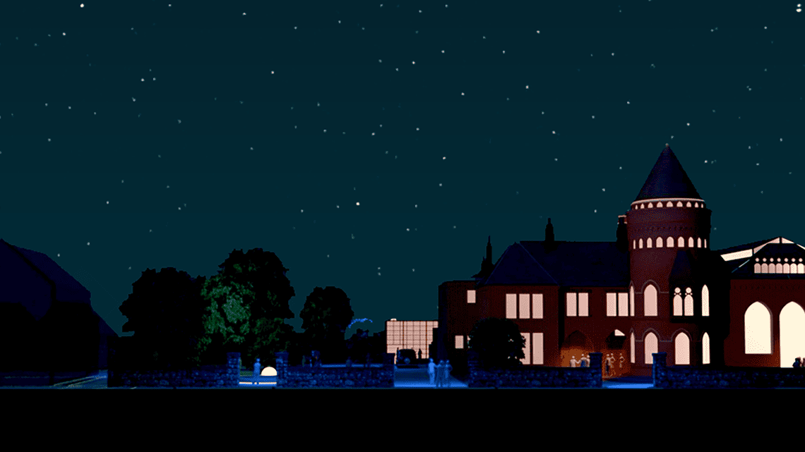 A frontal elevation of the Ladywell Arts and Wellbeing Hub, at nightime.