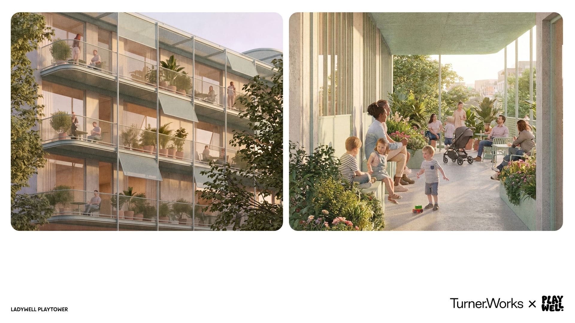 Two illustrative renderings side by side. Left: an external view of a multi-storey building with planted balconies, showing residents relaxing outdoors among greenery. Right: a close-up of a sheltered walkway with a family and young children sitting and playing, with other residents socialising nearby amid planting.
