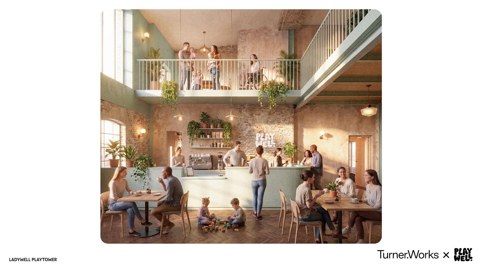 A visualisation from inside the cafe, facing a barista at the counter. Above, a family can be seen on the balcony.  