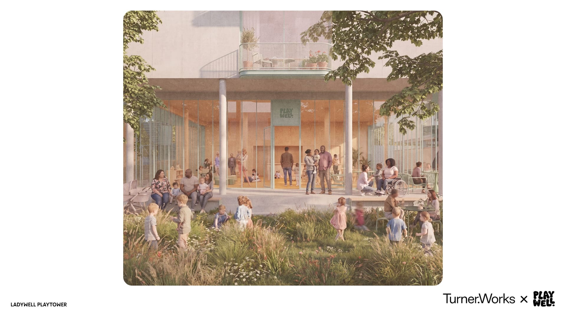 Illustrative rendering of a proposed glazed ground-floor community space opening onto a wildflower garden, showing a diverse group of adults, children and a wheelchair user socialising both inside the glazed room and on the surrounding terrace, with a "PlayWell" sign visible above the entrance.