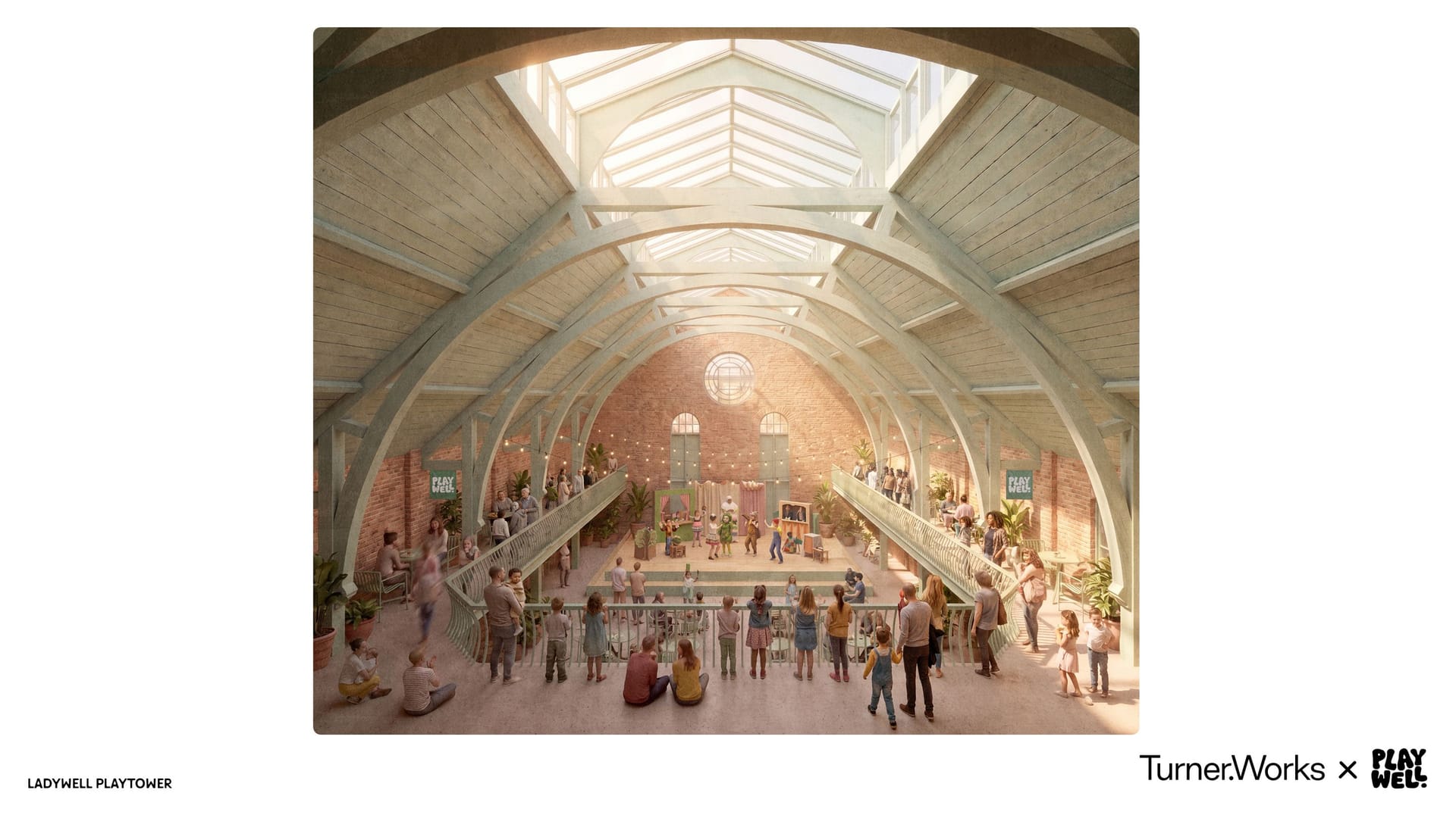 A visualisation from inside the event space, show performers on a stage and visitors watching from a balcony.