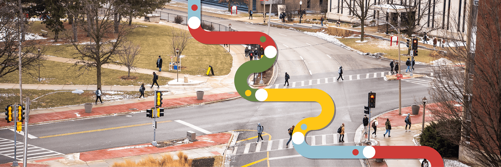 Campus intersection overlaid with colorful lines