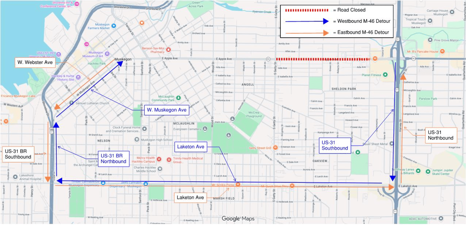 Map showing road closures and detours for M-46 in Muskegon. Apple Avenue is closed between Getty Street and US-31. Blue arrows show the westbound M-46 detour using US-31, Laketon Avenue, and W. Muskegon Avenue. Orange arrows show the eastbound detour using Laketon Avenue, US-31, and W. Webster Avenue.