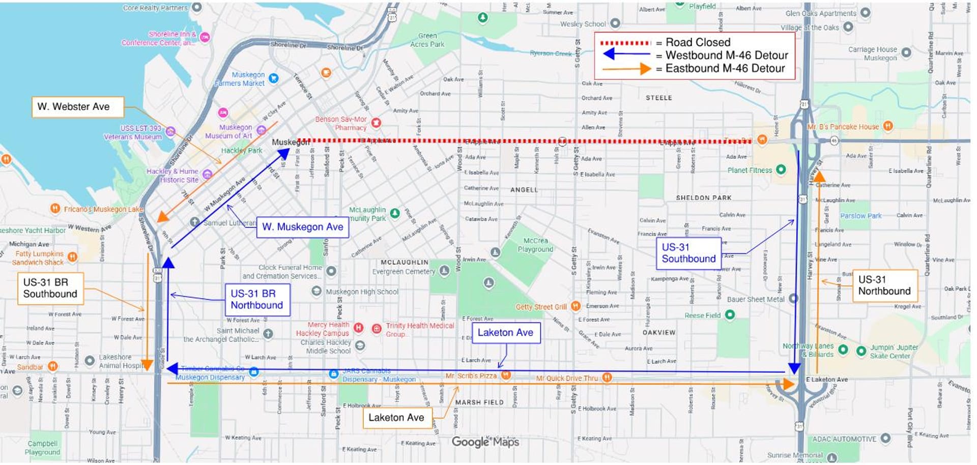Map showing W. Webster Avenue closed between US-31 and the US-31 interchange. Blue arrows show the westbound M-46 detour using US-31 Business and W. Muskegon Avenue, while orange arrows show the eastbound M-46 detour using US-31 and Laketon Avenue