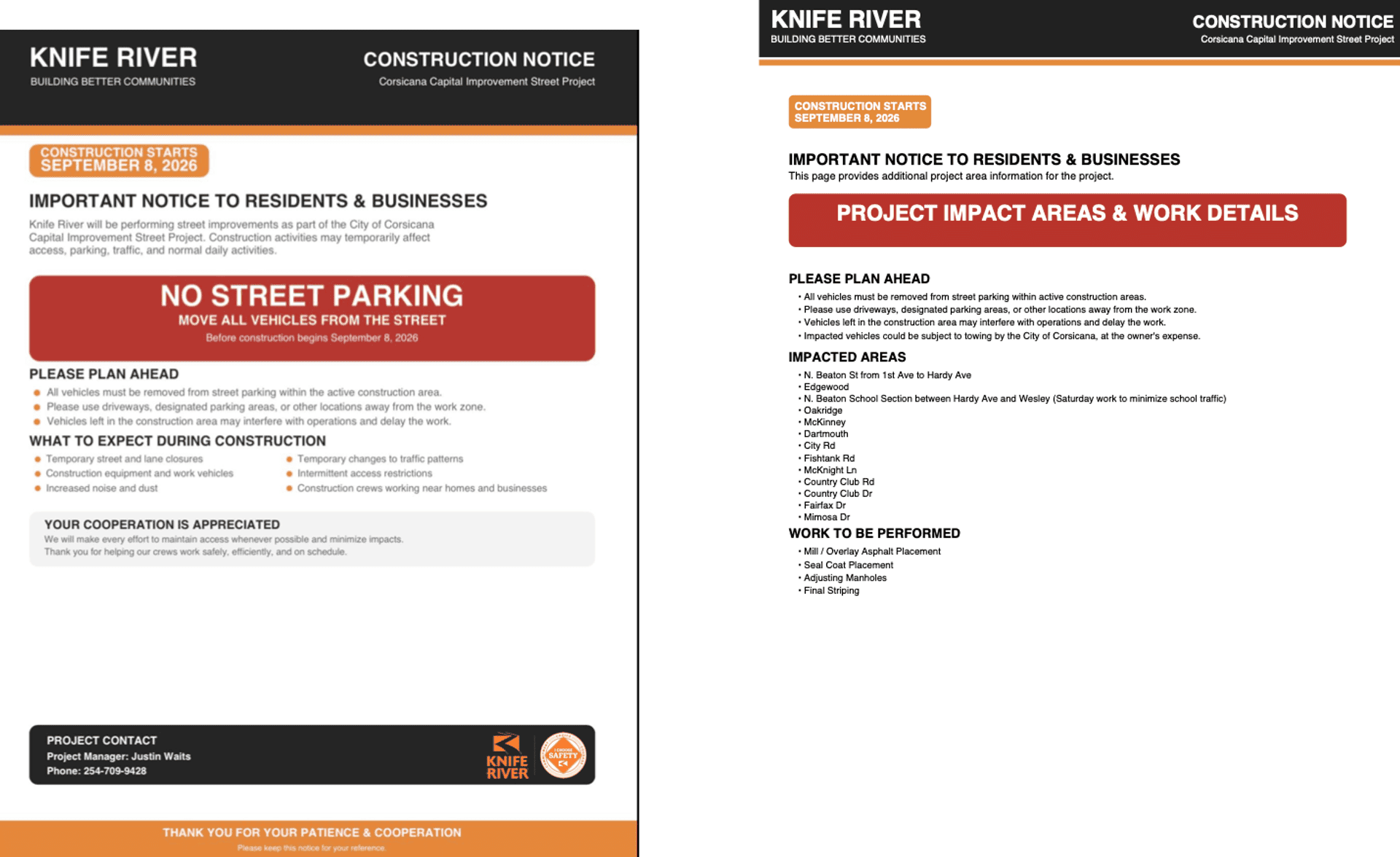 Notice of plans and activity for street construction in September