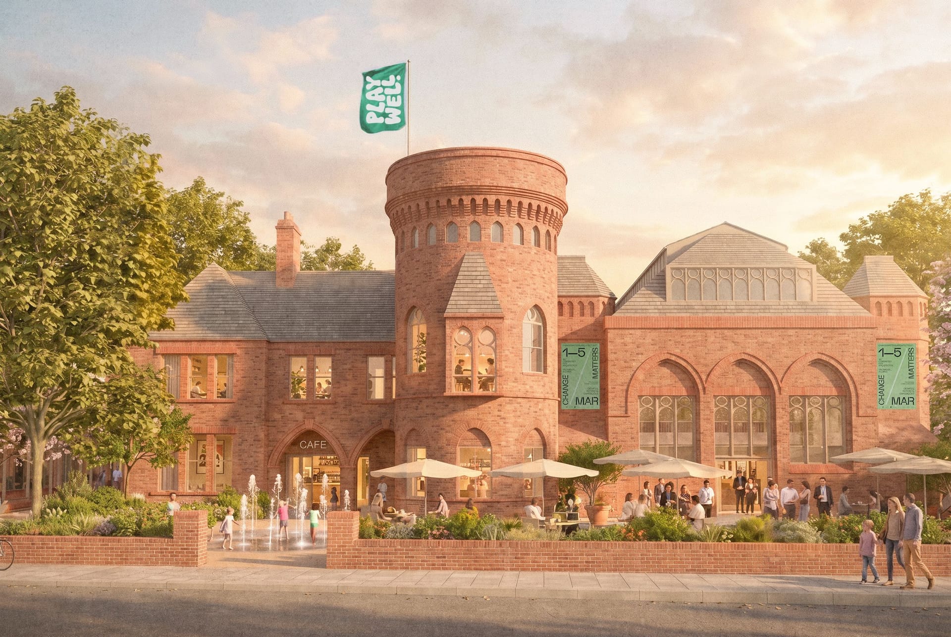 A frontal visualisation of Turner Work's proposed PlayWell campus, with the tower at the centre, a cafe to the left and event space to the right. 