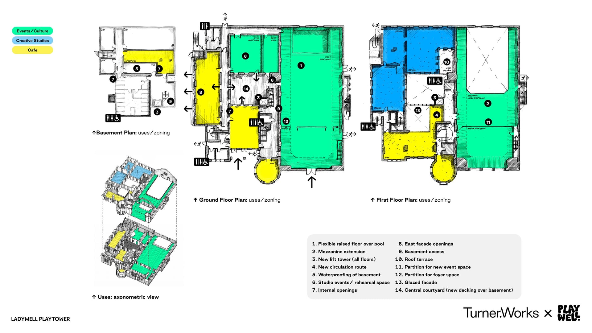 Floor plans of the proposed Ladywell Playtower restoration showing basement, ground and first floor layouts, colour-coded by use: green for events and culture space, blue for creative studios, and yellow for cafe.