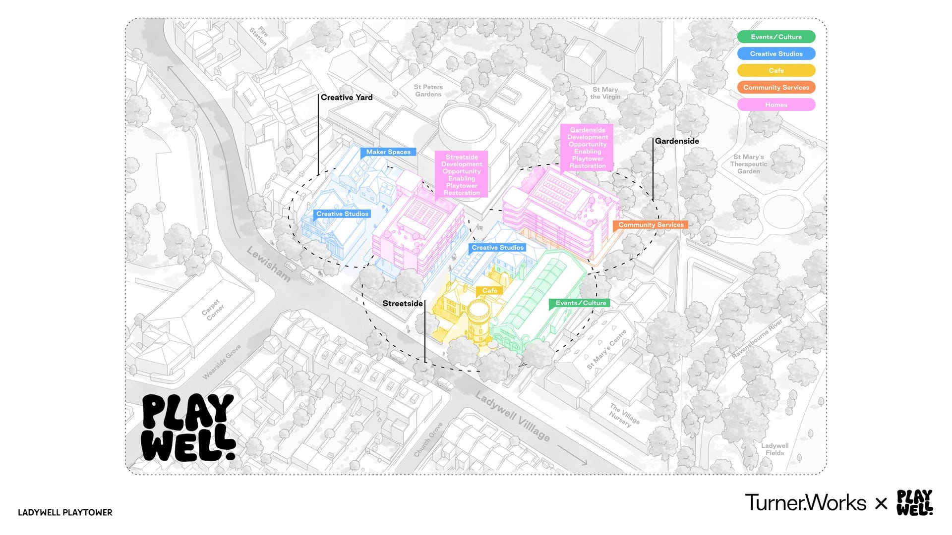 Aerial illustration of the Ladywell Village area around Ladywell Playtower, showing how the Turner Works x PlayWell proposal would use the Playtower alongside two nearby development sites, Streetside and Gardenside.