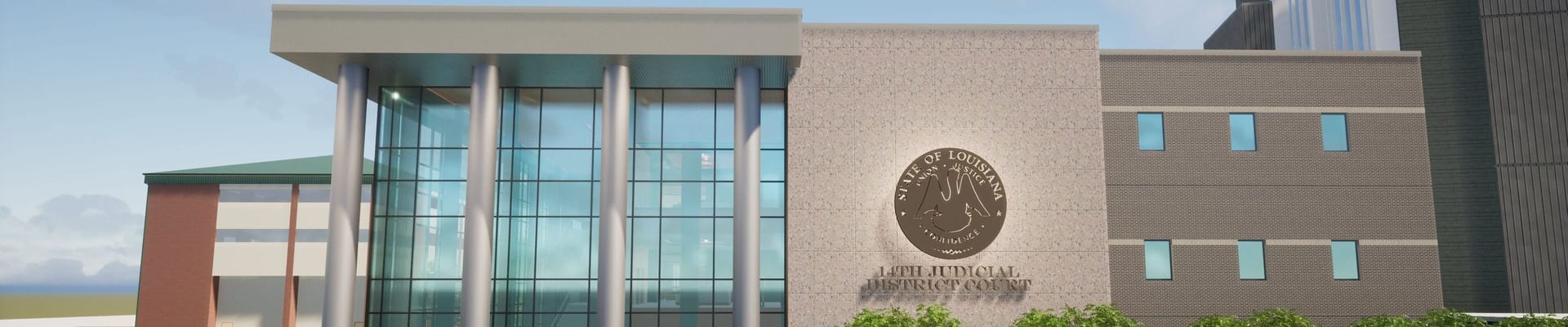 Architectural rendering of the future Calcasieu Parish Judicial Complex, showing the main entrance with a large glass façade, tall columns and landscaped grounds. The exterior includes the State of Louisiana seal and signage for the 14th Judicial District Court.