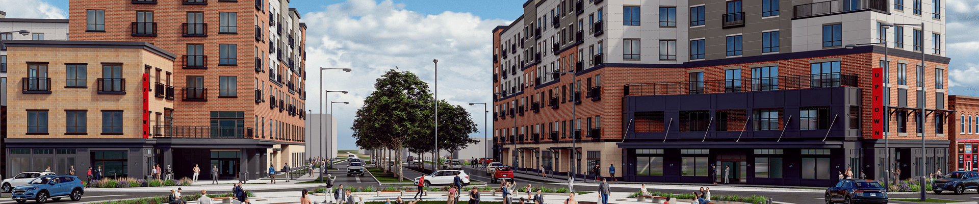 Conceptual view of Trail East and Trail West, two six story multi-purpose buildings in Uptown Normal. View is from Uptown Circle.
