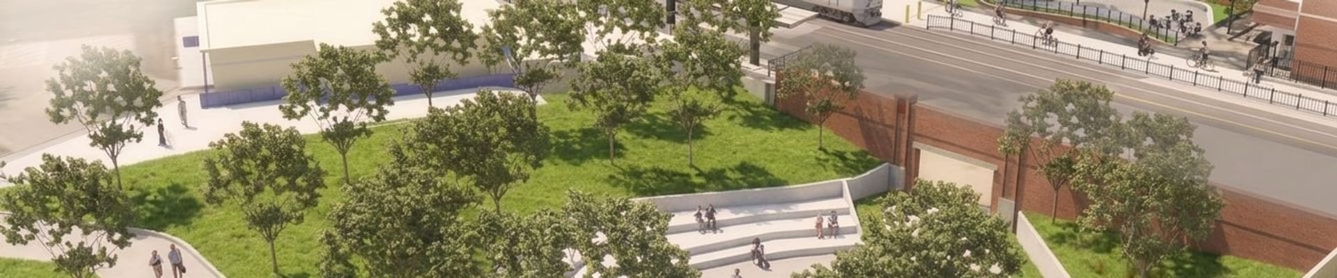 Conceptual image of the plaza south of the railroad tracks.