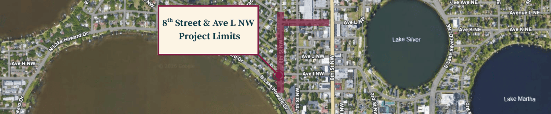 Aerial map showing the project limits for the 8th Street and Avenue L NW project in Winter Haven, Florida. The highlighted area extends along 8th Street NW from Avenue L NW south to North Lake Howard Drive, and east along Avenue L NW toward Highway 17.