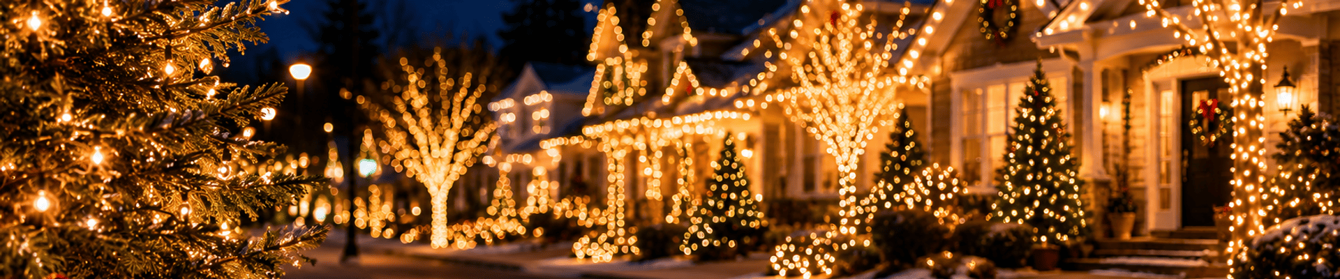 Residential neighborhood illuminated with warm white holiday lights decorating homes, trees, and landscaping along a quiet street at night.