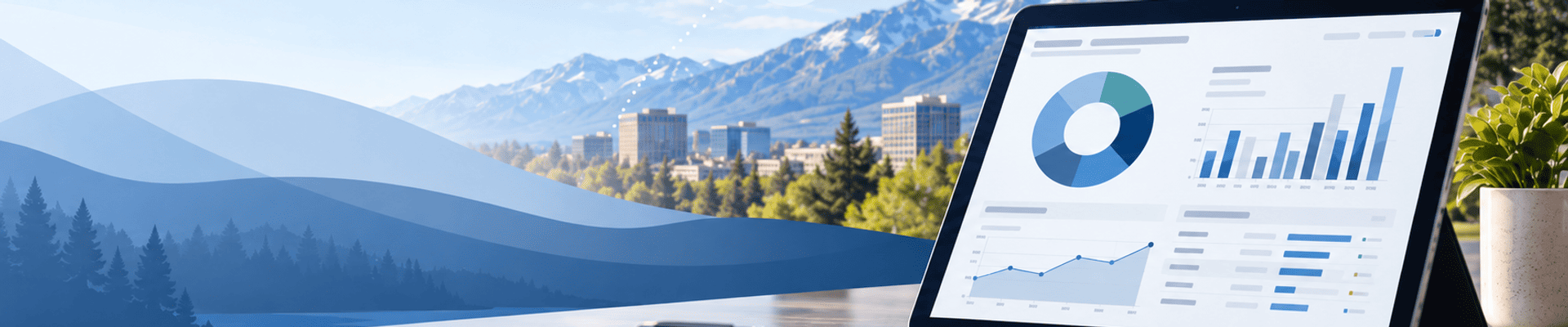 Tablet displaying an interactive financial dashboard with charts and graphs, overlooking a northern Nevada city and mountain landscape with icons for roads, libraries, parks and public safety.