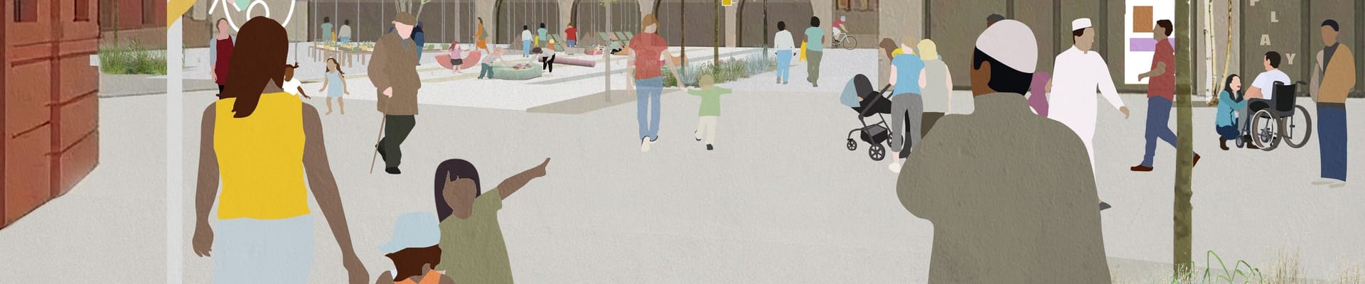 Illustration of a pedestrian-friendly street with new homes, shops, trees and public space.