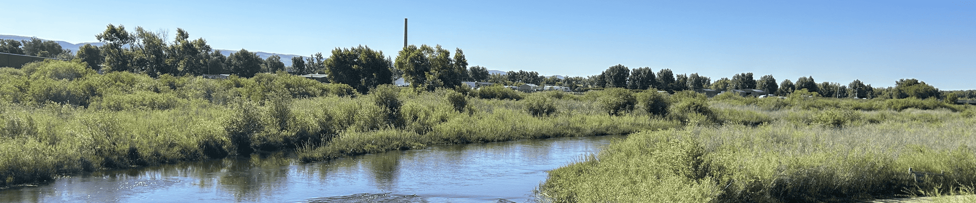 A picture of the Laramie river with grass and trees and one of the old UPRR smokestacks in the background.