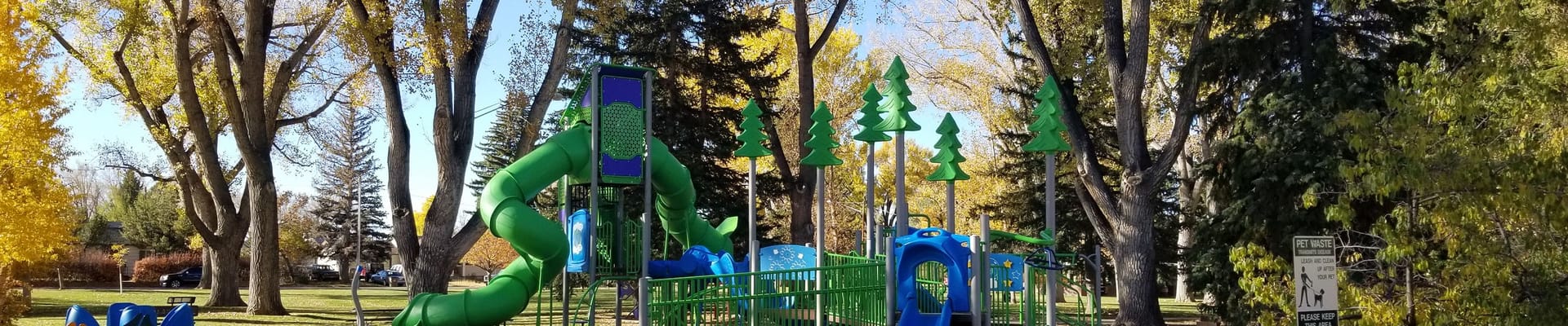 Playground with green and blue play equipment surrounded by mature trees in a Laramie park.