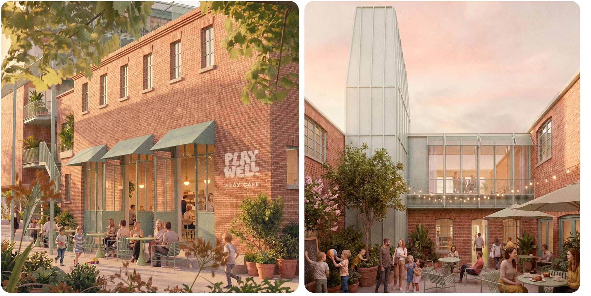 Visualisations of the PlayWell campus, and specifically visitors using the Play Cafe, set against the redbrick building.