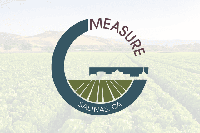 Measure G logo in the shape of a capital G in color with fields and skyline cutout; light image of lettuce fields with hills and sky in background