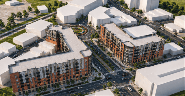 A rendering of large buildings along College Avenue, looking south