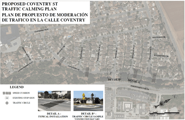 map identifying where the speed cushions and traffic circle will be installed on Coventry