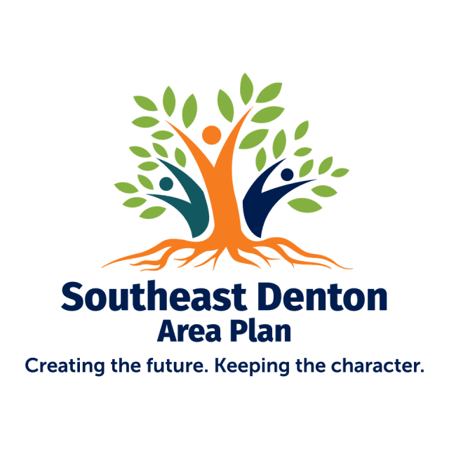 Southeast Denton Area Plan logo with text saying creating the future. Keeping the character.