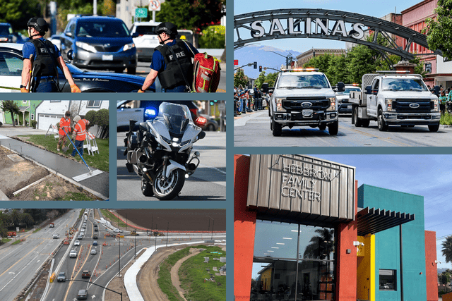 photo collage of two firefighters in front of police car, two work trucks under Salinas arch, two workers in orange shirts smoothing wet cement, hebbron family center, road repairs on Boronda