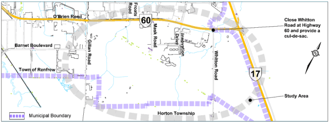 The Study Area is located in the Town of Renfrew and is bounded by O’Brien Road (Highway 60) to the north, Highway 17 to the east, the Town boundary to the south and Gillan Road to the west.