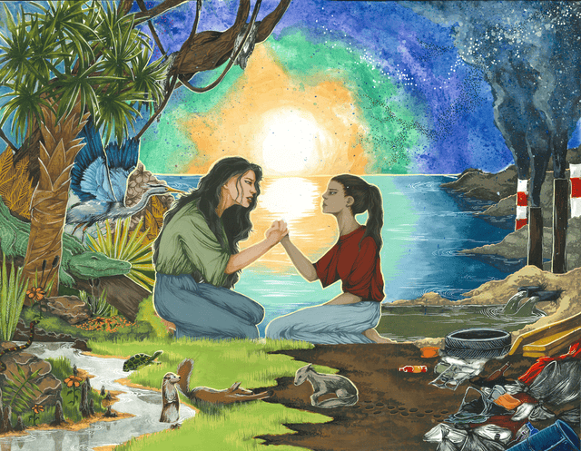 painting of two generations holding hands between a natural landscape and a polluted one