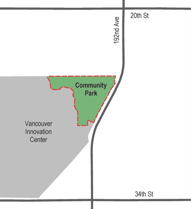 A simple aerial map showing the outline of the new park location in green, along 192nd Avenue in Vancouver, just south of 20th Street.